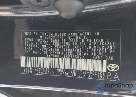 2019 Toyota Corolla Le из США, поврежденный, VIN 5YFBURHE8KP875823